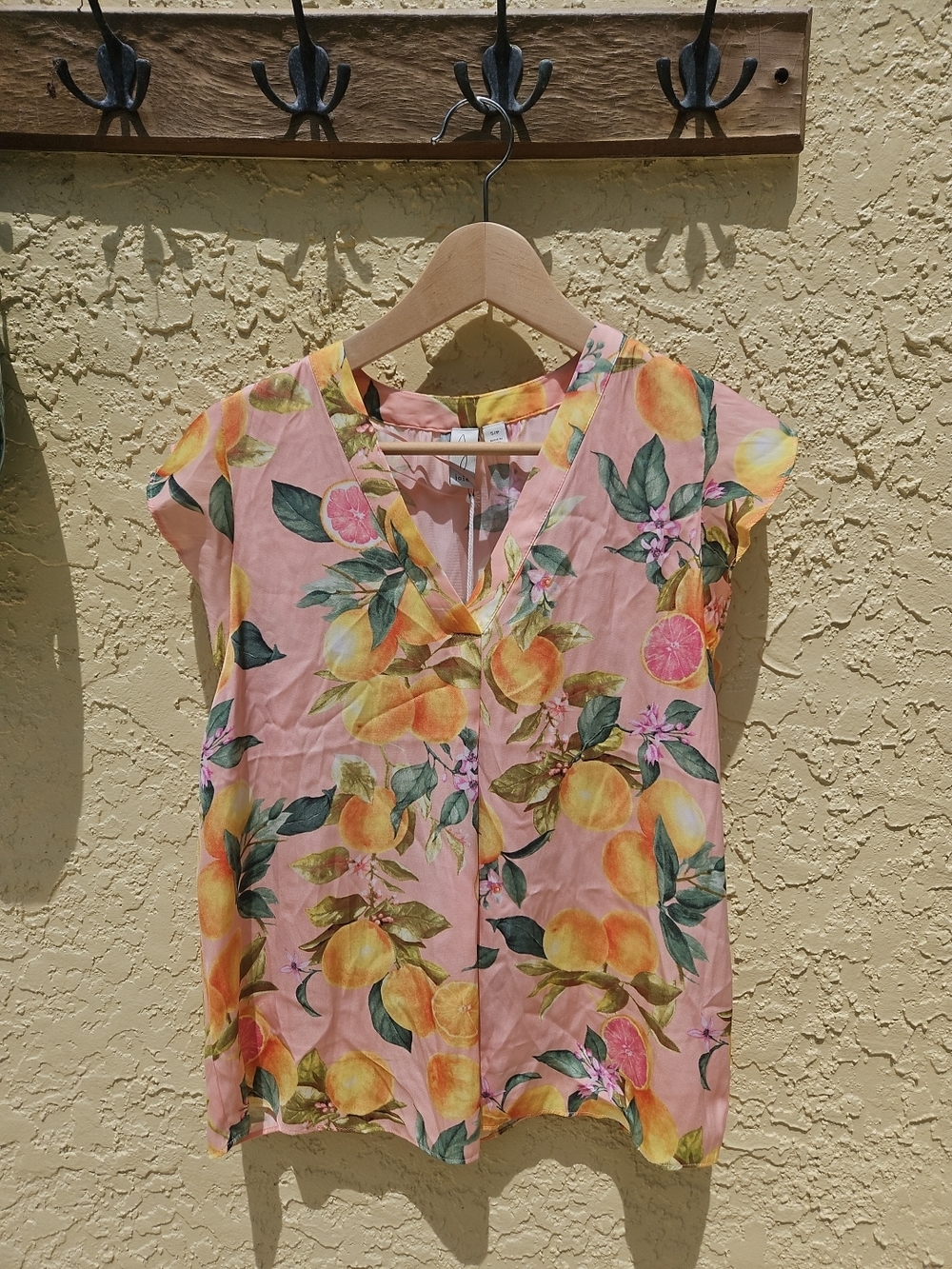 Joie Pink Citrus Fruit Print V-Neck Blouse Flutter Sleeve